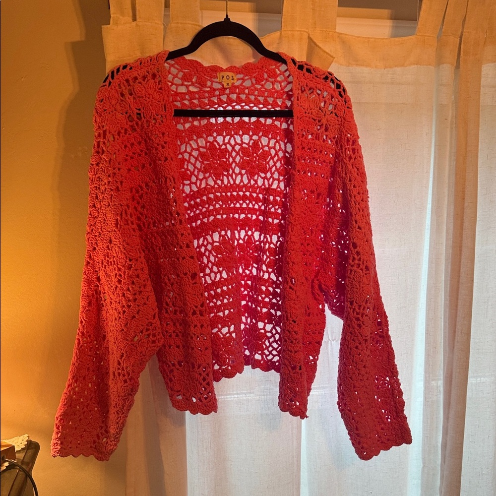 POL pink crochet Open-Front Sweater